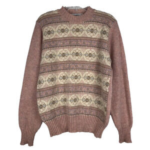 Allyson Wood Sweater Wool Knit Pink Cream Floral Stripe Crew Neck Vintage Medium